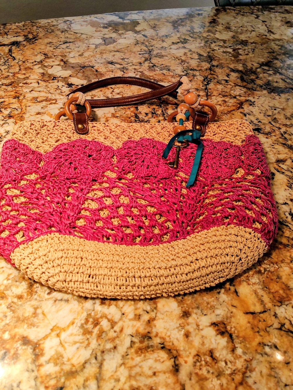 Fossil Magenta Pink and Cream Crochet Straw Tote with Leather Handles